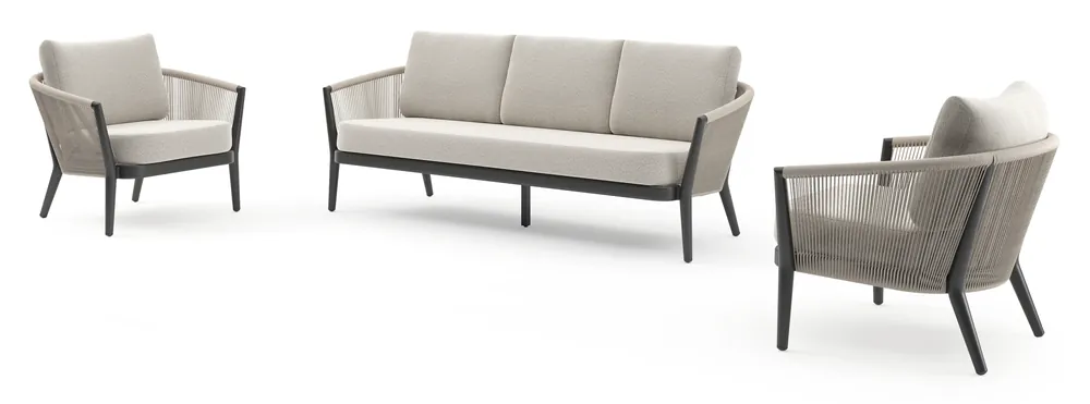 Orso loungeset in zwart aluminium en beige verticaal geweven ronde rope met Firenze Natural all weather solica kussen Gereduceerde Prijs