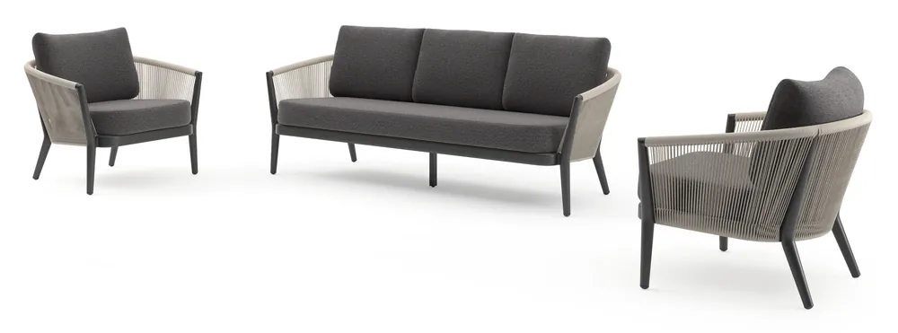 Koop Vandaag Orso loungeset in zwart aluminium en beige verticaal geweven ronde rope met Firenze Tunder all weather solica kussen