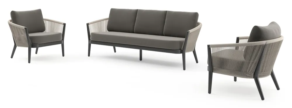 Direct Beschikbaar Orso loungeset in zwart aluminium en beige verticaal geweven ronde rope met Natte Dark Taupe all weather sunbrella® luxe kussen