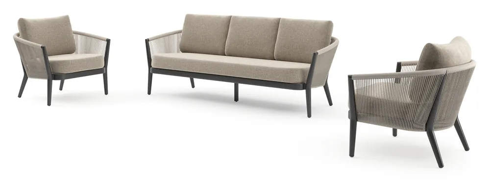 Hoge Kwaliteit Orso loungeset in zwart aluminium en beige verticaal geweven ronde rope met Chartres Pewter all weather sunbrella® luxe kussen