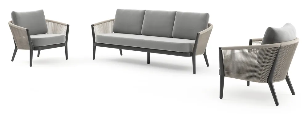 Orso loungeset in zwart aluminium en beige verticaal geweven ronde rope met Savane Grey all weather sunbrella® luxe kussen Bestel Nu