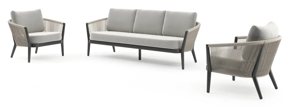 Orso loungeset in zwart aluminium en beige verticaal geweven ronde rope met Lopi Ash all weather sunbrella® luxe kussen Populair