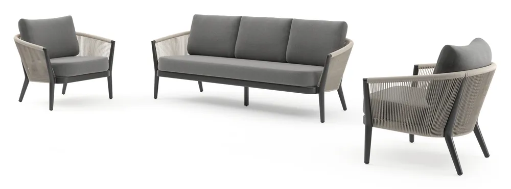 Orso loungeset in zwart aluminium en beige verticaal geweven ronde rope met Heritage Slate all weather sunbrella® luxe kussen Uitverkoop