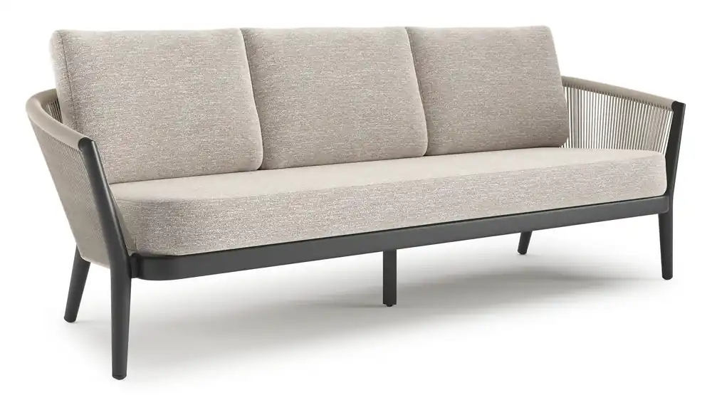 Korting Orso loungebank in zwart aluminium en beige verticaal geweven ronde rope met Tundra Sand all weather sunbrella® luxe kussen