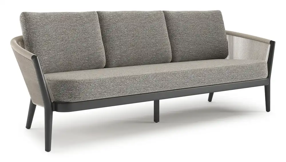 Orso loungebank in zwart aluminium en beige verticaal geweven ronde rope met Tundra Pepper all weather sunbrella® luxe kussen Beperkt Aanbod