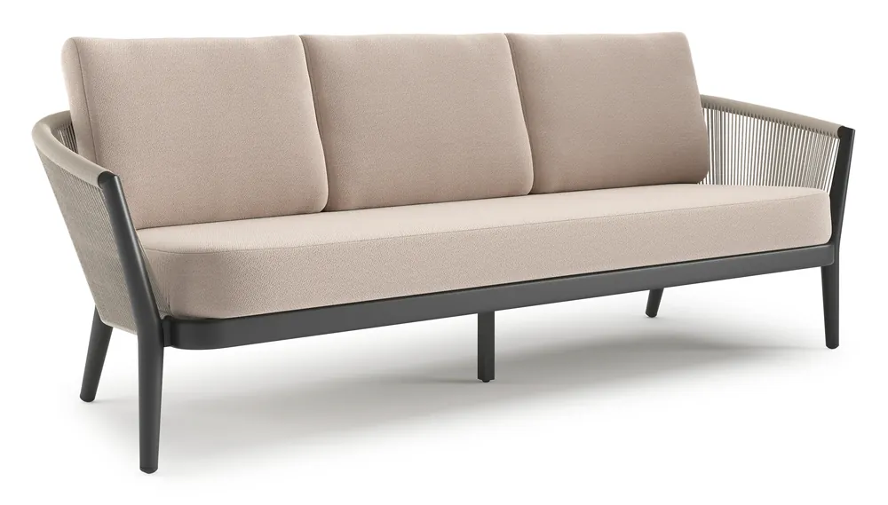 Orso loungebank in zwart aluminium en beige verticaal geweven ronde rope met Wander Pilat all weather sunbrella® luxe kussen Speciale Aanbieding