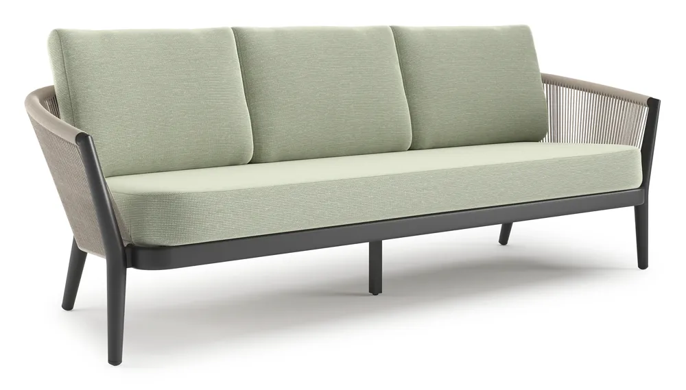 Premium Orso loungebank in zwart aluminium en beige verticaal geweven ronde rope met Slow Spirea all weather sunbrella® luxe kussen