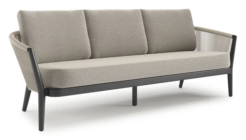 Orso loungebank in zwart aluminium en beige verticaal geweven ronde rope met Firenze Sand all weather solica kussen Beperkte Voorraad