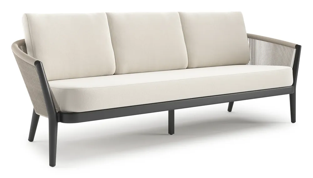 Orso loungebank in zwart aluminium en beige verticaal geweven ronde rope met Savane White all weather sunbrella® luxe kussen Laatste Versie