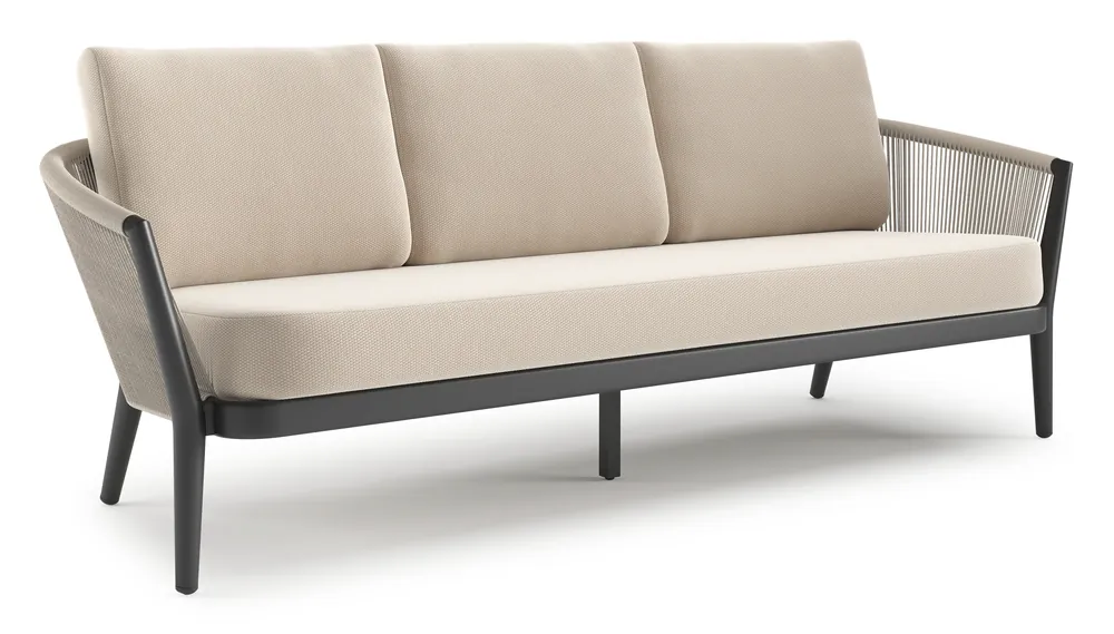 Orso loungebank in zwart aluminium en beige verticaal geweven ronde rope met Lopi Antique all weather sunbrella® luxe kussen Speciale Aanbieding