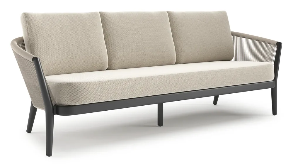Betrouwbaar Orso loungebank in zwart aluminium en beige verticaal geweven ronde rope met Lopi Marble all weather sunbrella® luxe kussen