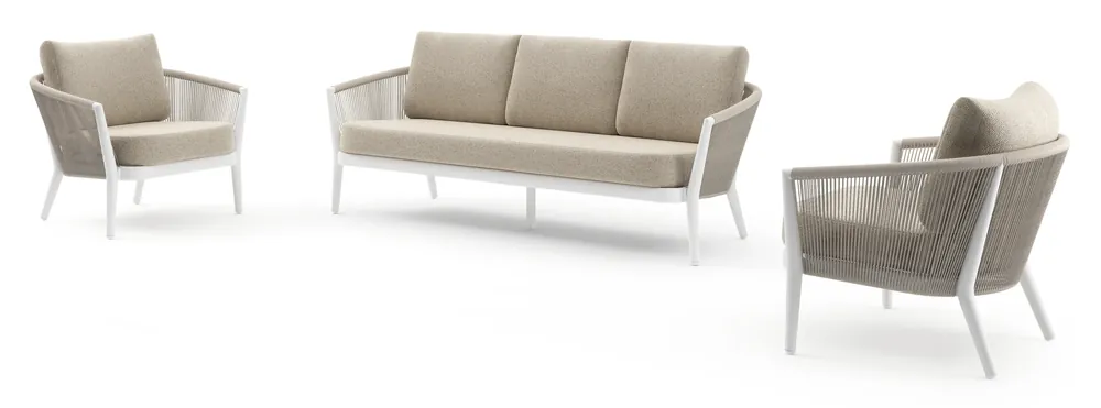 Orso loungeset in wit aluminium en beige verticaal geweven ronde rope met Bora Desert all weather cosytica kussen Weekendaanbieding