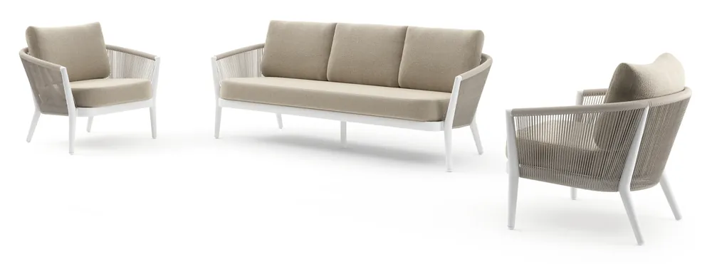 Orso loungeset in wit aluminium en beige verticaal geweven ronde rope met Marbella Sand all weather cosytica kussen Gecertificeerd