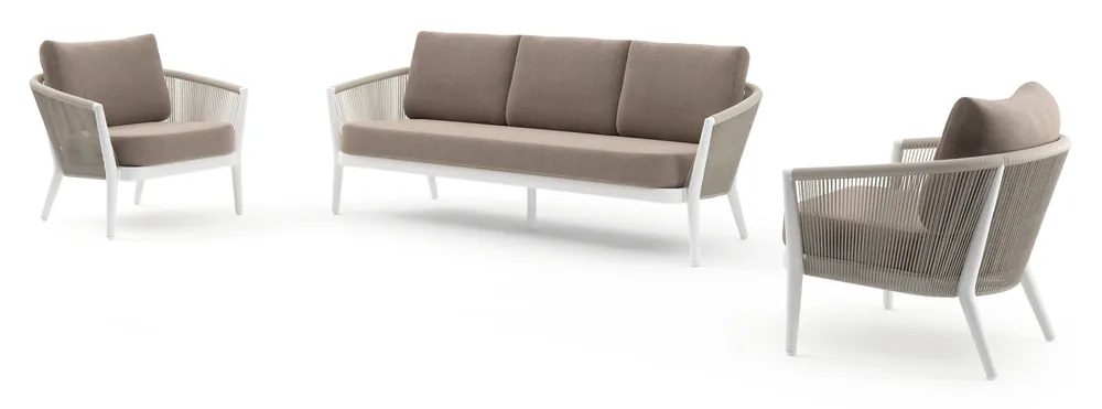 Tijdelijk Beschikbaar Orso loungeset in wit aluminium en beige verticaal geweven ronde rope met Savane Earth all weather sunbrella® luxe kussen