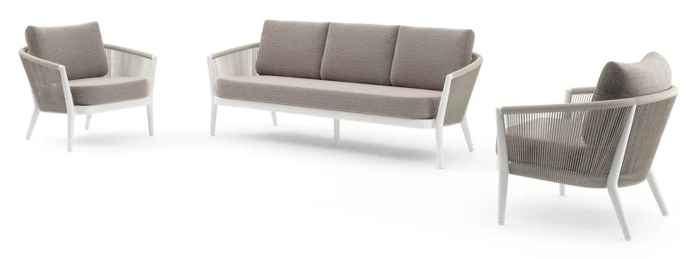Lage Kosten Orso loungeset in wit aluminium en beige verticaal geweven ronde rope met Wander Granite all weather sunbrella® luxe kussen