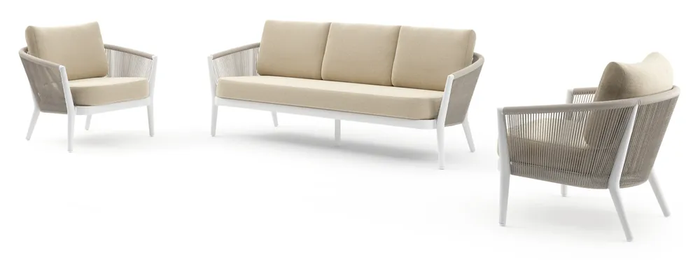 Orso loungeset in wit aluminium en beige verticaal geweven ronde rope met Soul Papyrus all weather solica kussen Gratis Retour