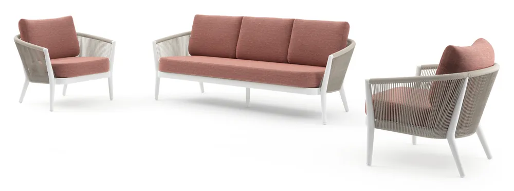 Orso loungeset in wit aluminium en beige verticaal geweven ronde rope met Slow Alezan all weather sunbrella® luxe kussen Finale Uitverkoop