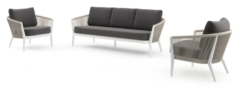 Orso loungeset in wit aluminium en beige verticaal geweven ronde rope met Firenze Tunder all weather solica kussen Korting