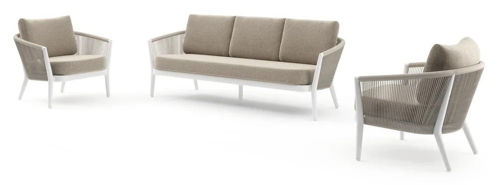 Gratis Retour Orso loungeset in wit aluminium en beige verticaal geweven ronde rope met Chartres Pewter all weather sunbrella® luxe kussen