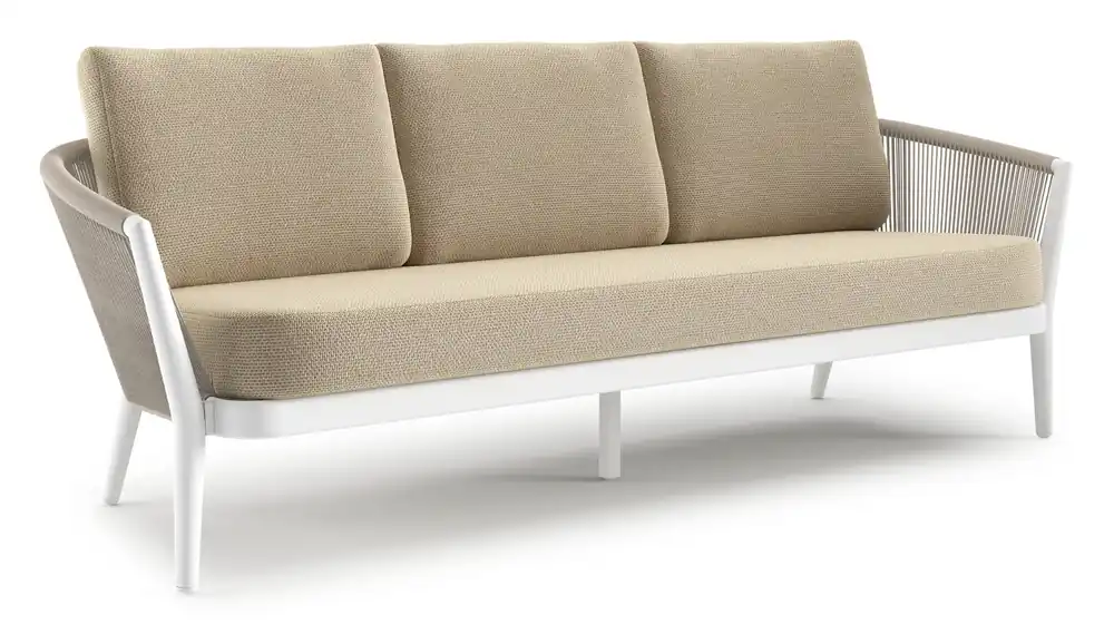 Orso loungebank in wit aluminium en beige verticaal geweven ronde rope met Althea Camel all weather cosytica kussen Gratis Retour