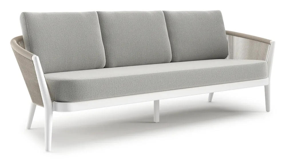 Aanbieding Orso loungebank in wit aluminium en beige verticaal geweven ronde rope met Savane Nimbus all weather sunbrella® luxe kussen