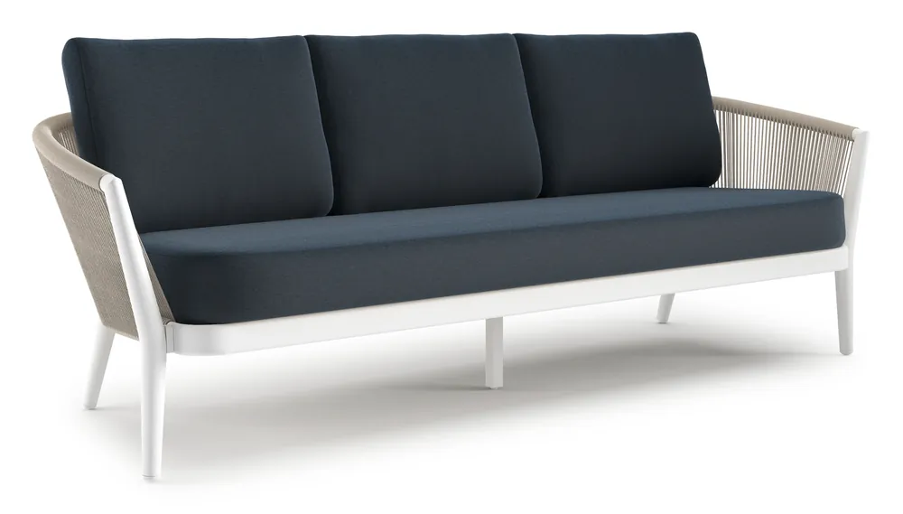 Orso loungebank in wit aluminium en beige verticaal geweven ronde rope met Heritage Indigo all weather sunbrella® luxe kussen Fabrieksprijs