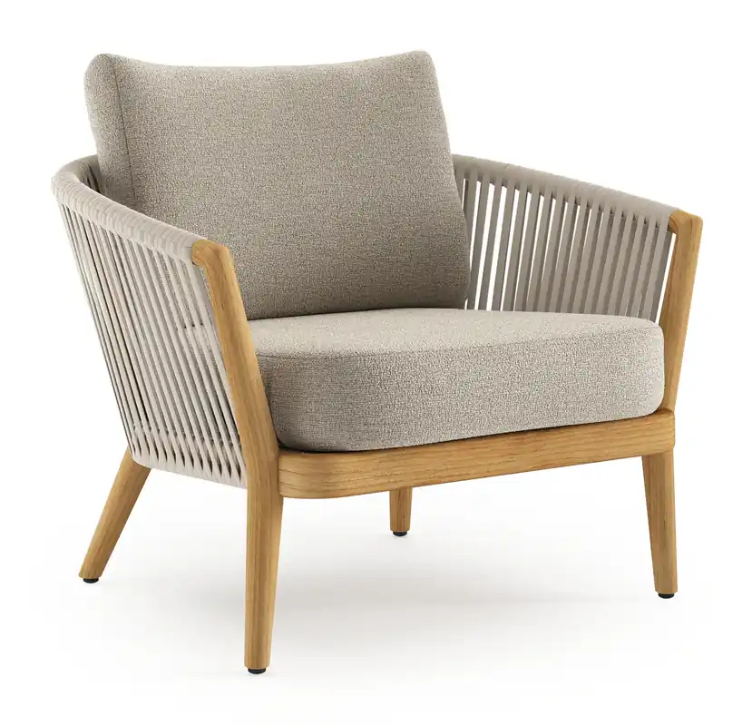 Orso loungestoel in teak en beige verticaal geweven luxe vlakke rope met Catania Greige all weather cosytica kussen Korting