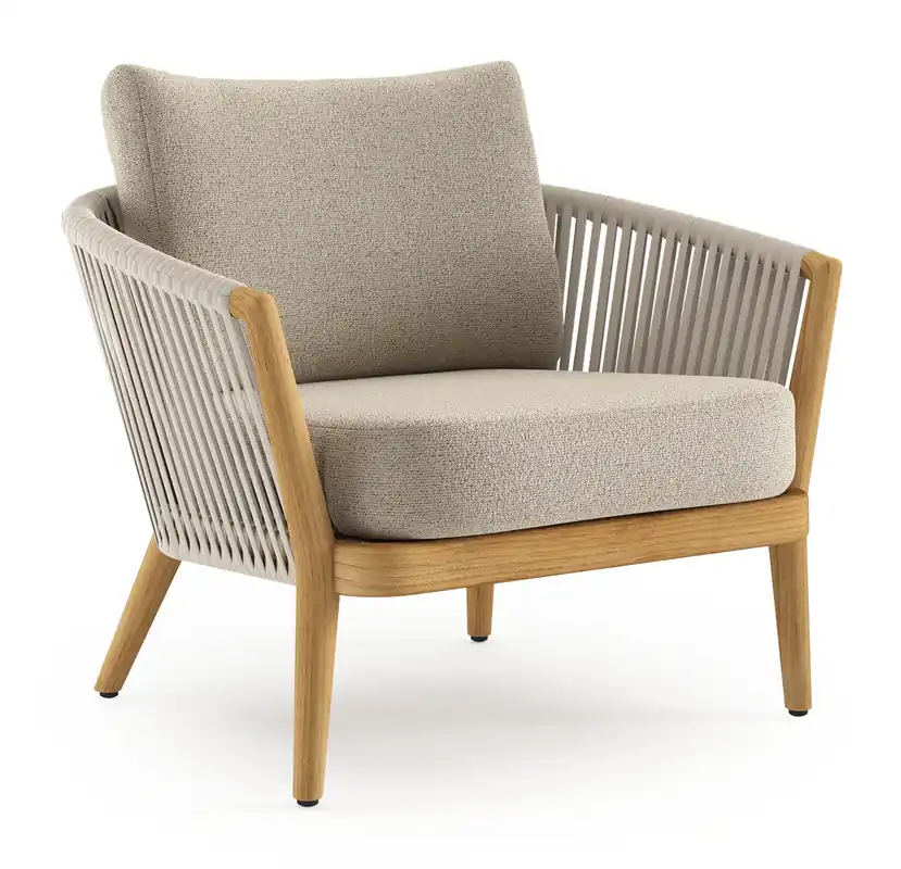 Nu Kopen Orso loungestoel in teak en beige verticaal geweven luxe vlakke rope met Marbella Beige all weather cosytica kussen