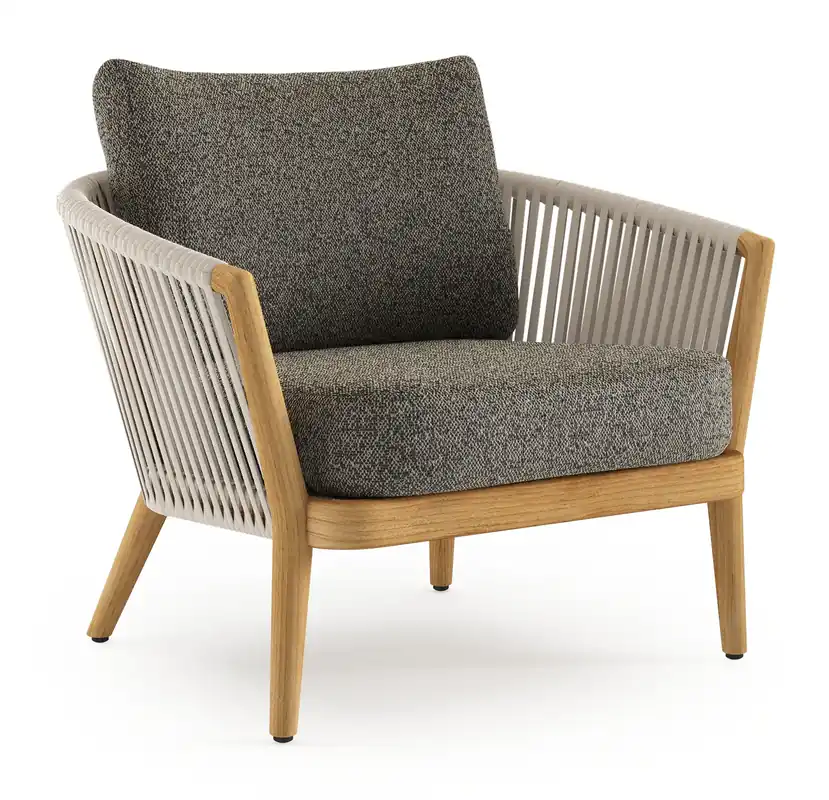 Orso loungestoel in teak en beige verticaal geweven luxe vlakke rope met Marbella Tunder all weather cosytica kussen Koopje
