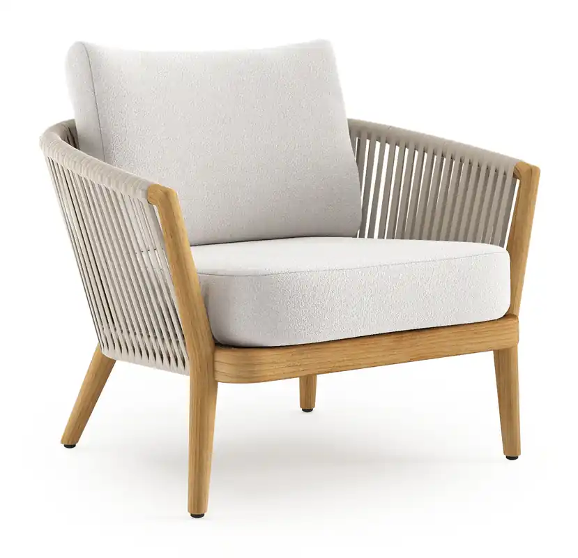 Orso loungestoel in teak en beige verticaal geweven luxe vlakke rope met Soul Optik all weather solica kussen Favoriet