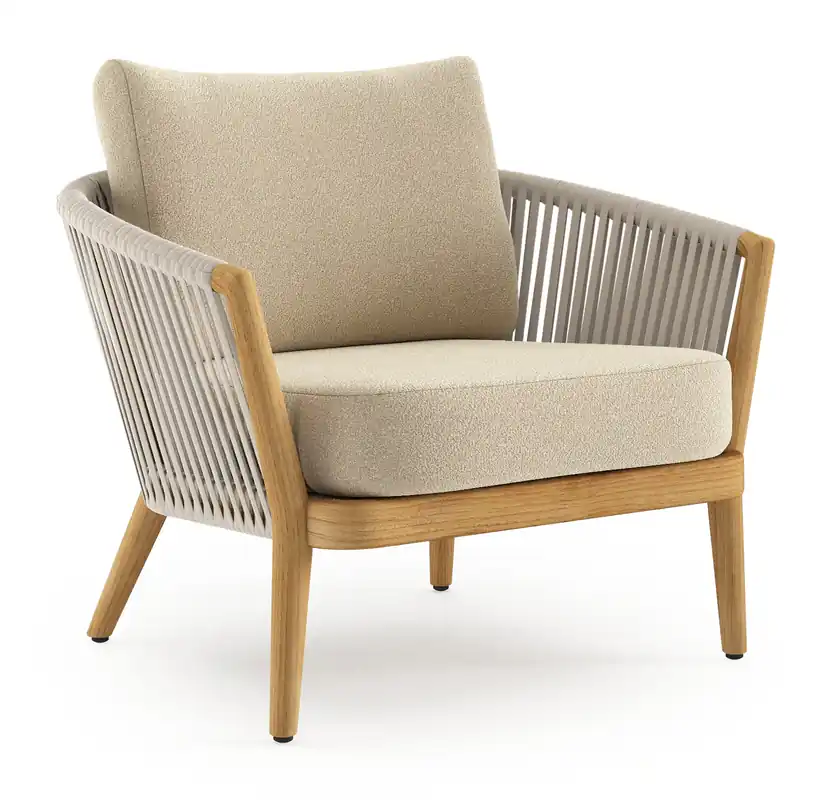 Orso loungestoel in teak en beige verticaal geweven luxe vlakke rope met Soul Papyrus all weather solica kussen Koop Vandaag