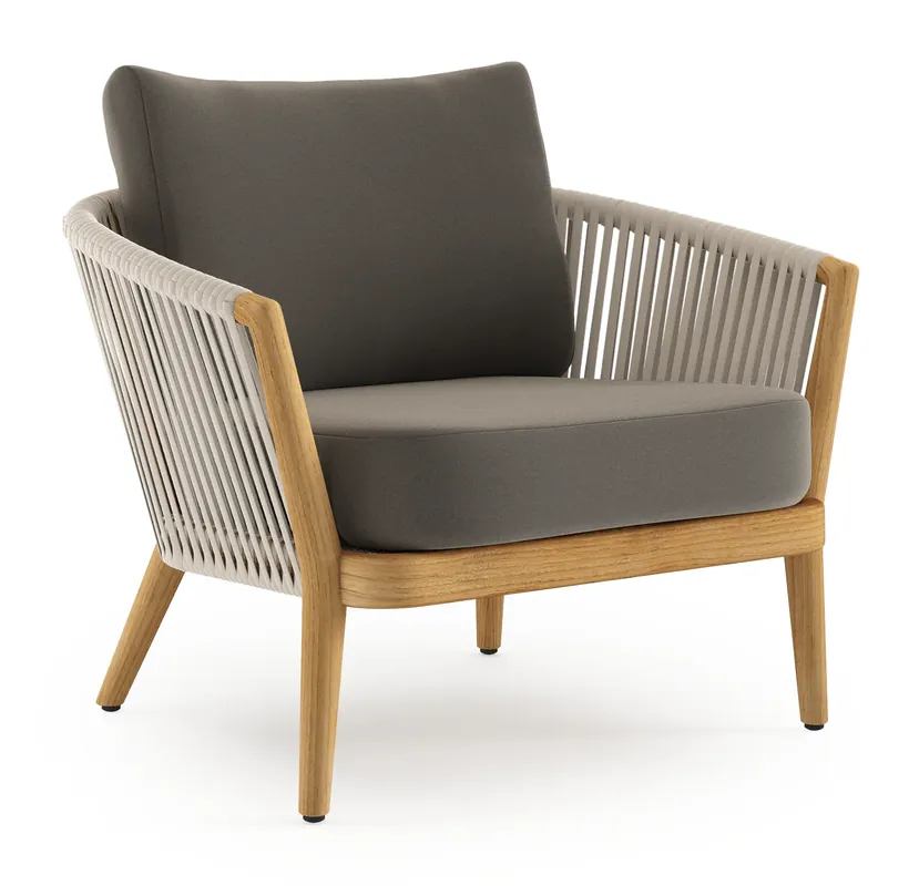 Aanbieding Orso loungestoel in teak en beige verticaal geweven luxe vlakke rope met Natte Carbon Beige all weather sunbrella® luxe kussen