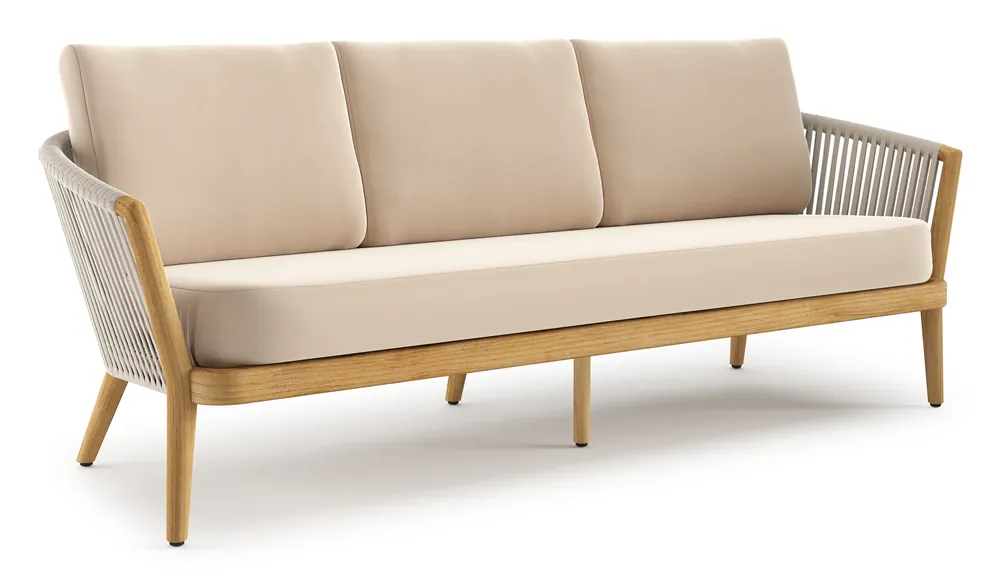 Orso loungebank in teak en beige verticaal geweven luxe vlakke rope met Natte Linen Chalk all weather sunbrella® luxe kussen Goedkoop