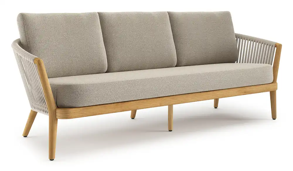 Beperkte Voorraad Orso loungebank in teak en beige verticaal geweven luxe vlakke rope met Catania Greige all weather cosytica kussen