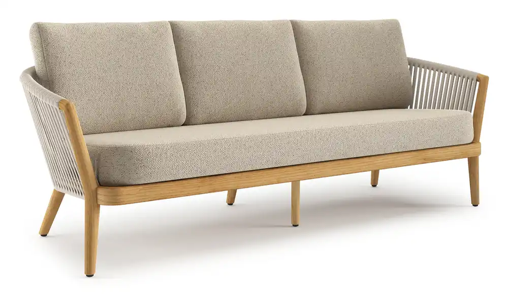Hete Deal Orso loungebank in teak en beige verticaal geweven luxe vlakke rope met Bora Desert all weather cosytica kussen