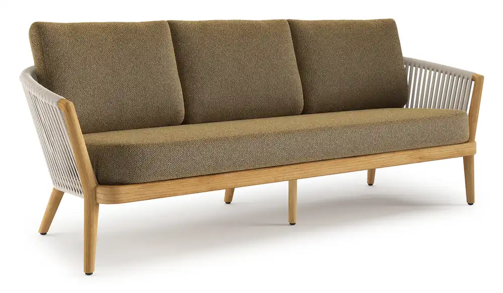 Orso loungebank in teak en beige verticaal geweven luxe vlakke rope met Madagascar Walnut all weather cosytica kussen Op = Op