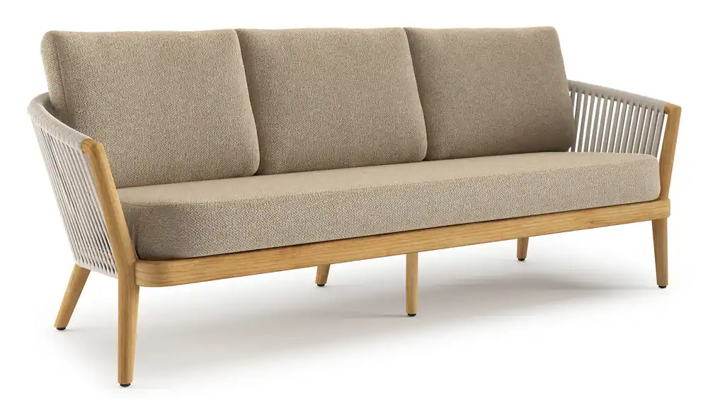 Merkproduct Orso loungebank in teak en beige verticaal geweven luxe vlakke rope met Madagascar Oak all weather cosytica kussen