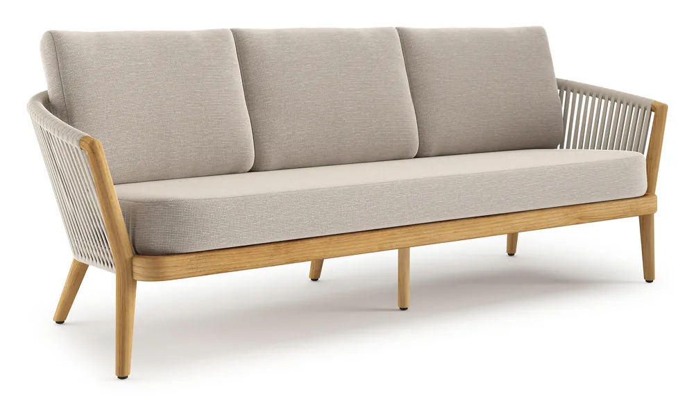 Orso loungebank in teak en beige verticaal geweven luxe vlakke rope met Slow Farafra all weather sunbrella® luxe kussen Aanbieding