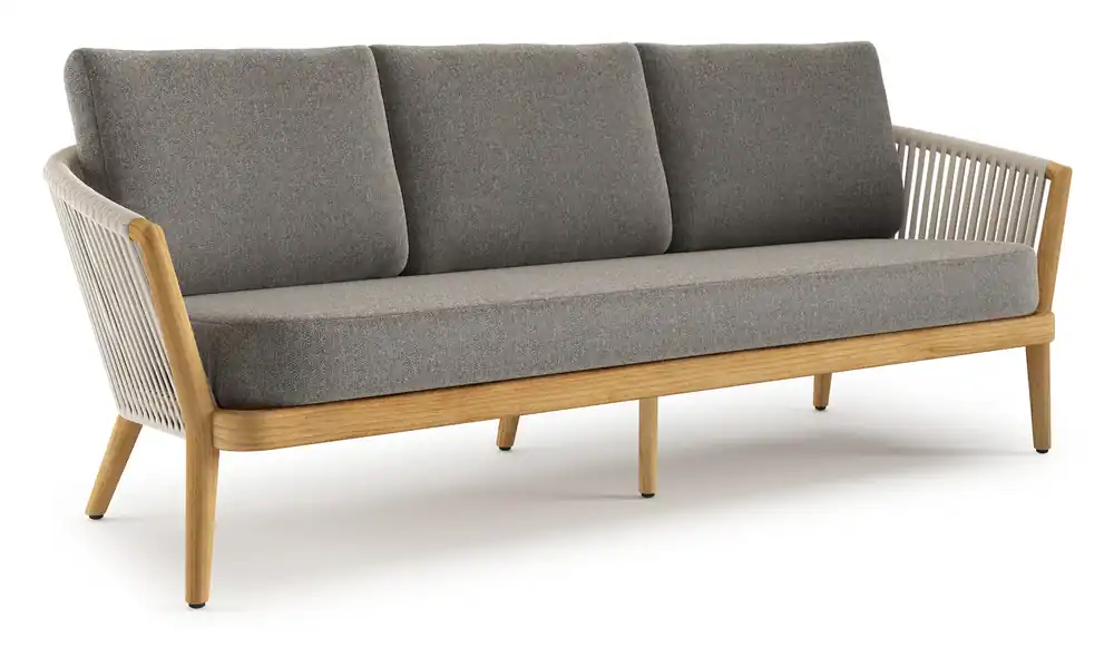 Orso loungebank in teak en beige verticaal geweven luxe vlakke rope met Chartres Drizzle all weather sunbrella® luxe kussen Snelle Levering