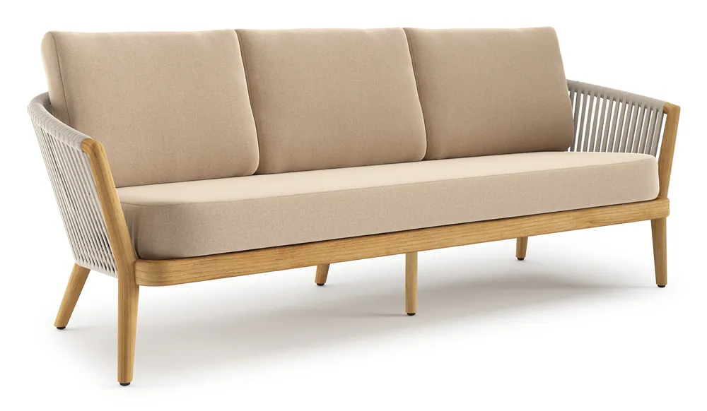 Voordeelprijs Orso loungebank in teak en beige verticaal geweven luxe vlakke rope met Natte Heather Beige all weather sunbrella® luxe kussen