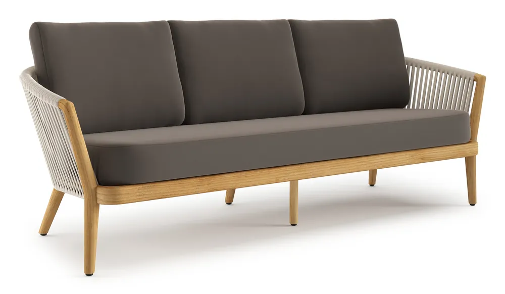 Alleen Vandaag Orso loungebank in teak en beige verticaal geweven luxe vlakke rope met Natte Nature Grey all weather sunbrella® luxe kussen