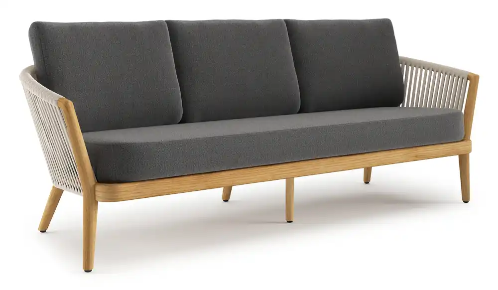 Orso loungebank in teak en beige verticaal geweven luxe vlakke rope met Savane Tornado all weather sunbrella® luxe kussen Koopje