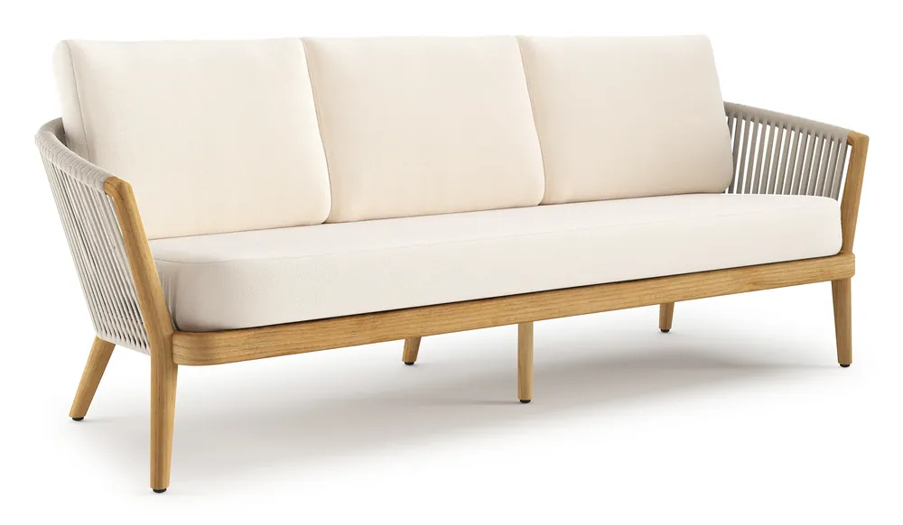 Nieuw Orso loungebank in teak en beige verticaal geweven luxe vlakke rope met Lopi Snow all weather sunbrella® luxe kussen