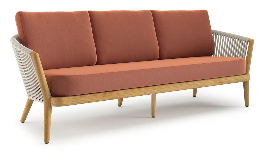 Orso loungebank in teak en beige verticaal geweven luxe vlakke rope met Heritage Rust all weather sunbrella® luxe kussen Betaalbaar