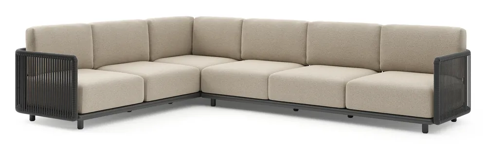 Organo loungehoek in zwart aluminium en zwart verticaal geweven luxe vlakke rope met marbella beige All Weather Cosytica kussens Must-Have