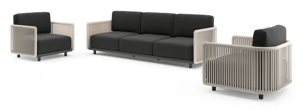 Bestseller Organo loungeset in zwart aluminium en beige verticaal geweven luxe vlakke rope met chartres sooty all weather sunbrella® luxe kussens