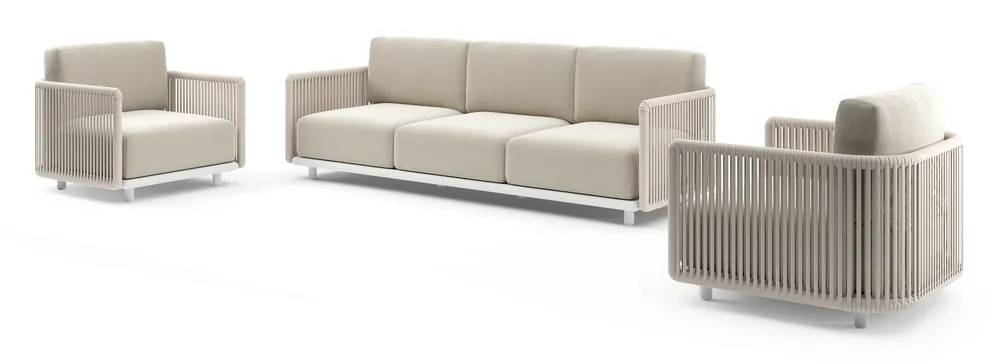 Flitsaanbieding Organo loungeset in wit aluminium en beige verticaal geweven luxe vlakke rope met lopi marble all weather sunbrella® luxe kussens