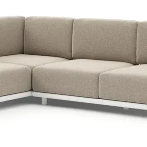 Betrouwbaar Organo loungehoek in wit aluminium en beige verticaal geweven luxe vlakke rope met chartres pewter all weather sunbrella® luxe kussens