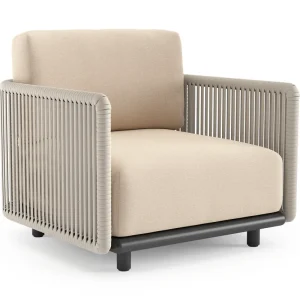 Rechtstreeks Van De Fabrikant Organo loungestoel in zwart aluminium en beige verticaal geweven luxe vlakke rope met heritage papyrus all weather sunbrella® luxe kussen