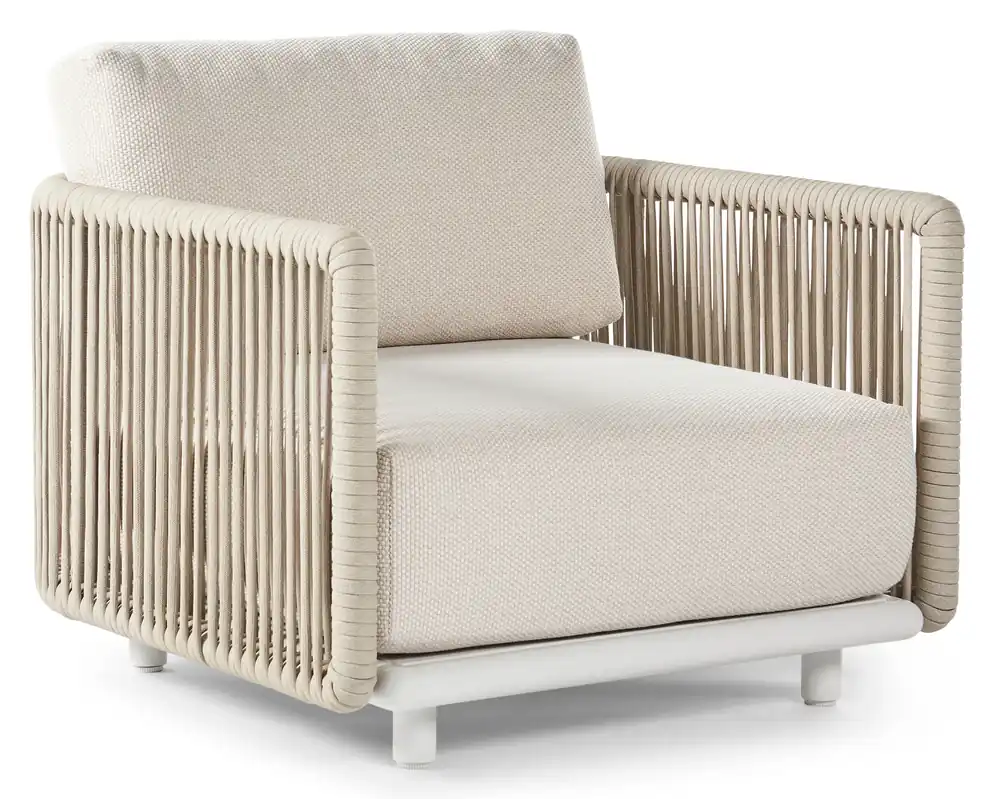 Superprijs Organo loungestoel in wit aluminium en beige verticaal geweven luxe vlakke rope met althea off white All Weather Cosytica kussen